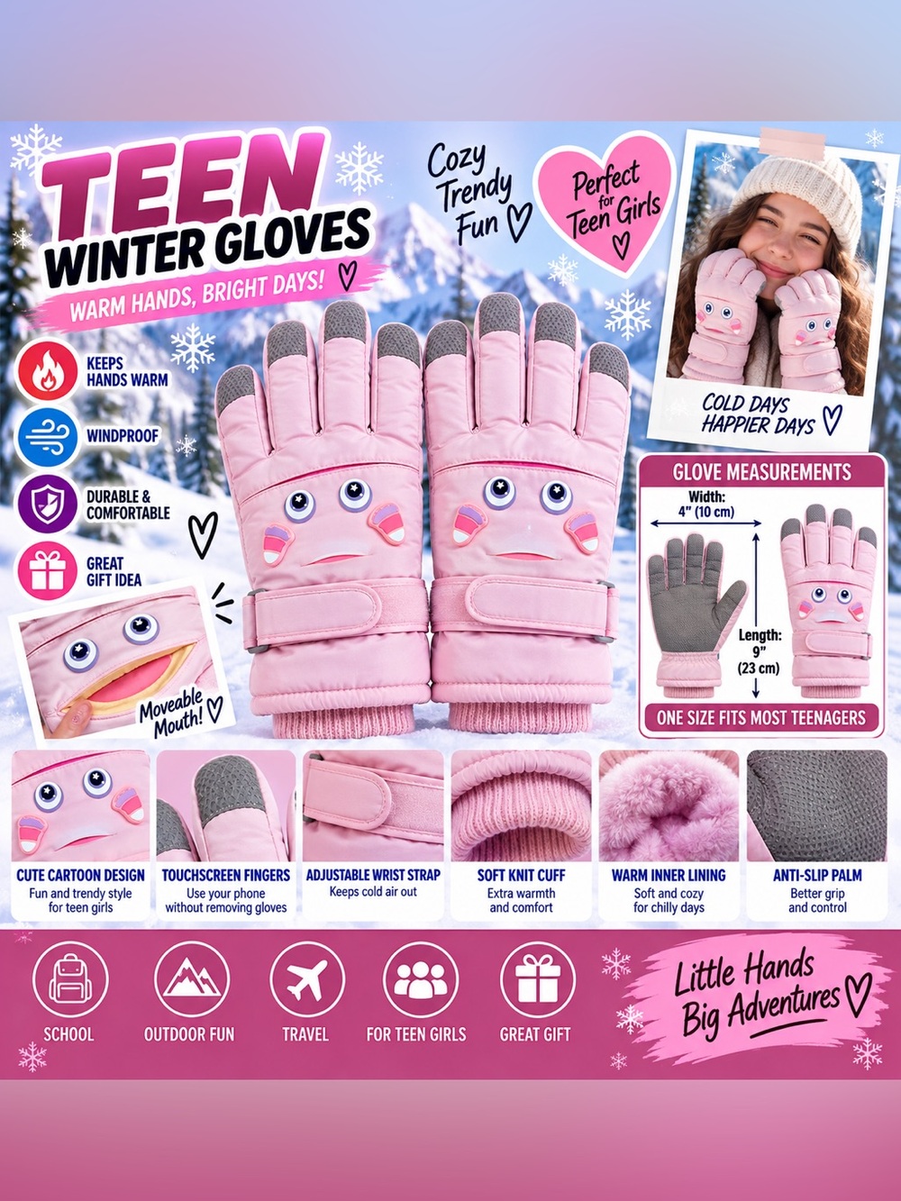 Teen Winter Pink Gloves Girls Warm Lined Touchscreen Adjustable , beautiful 🥰